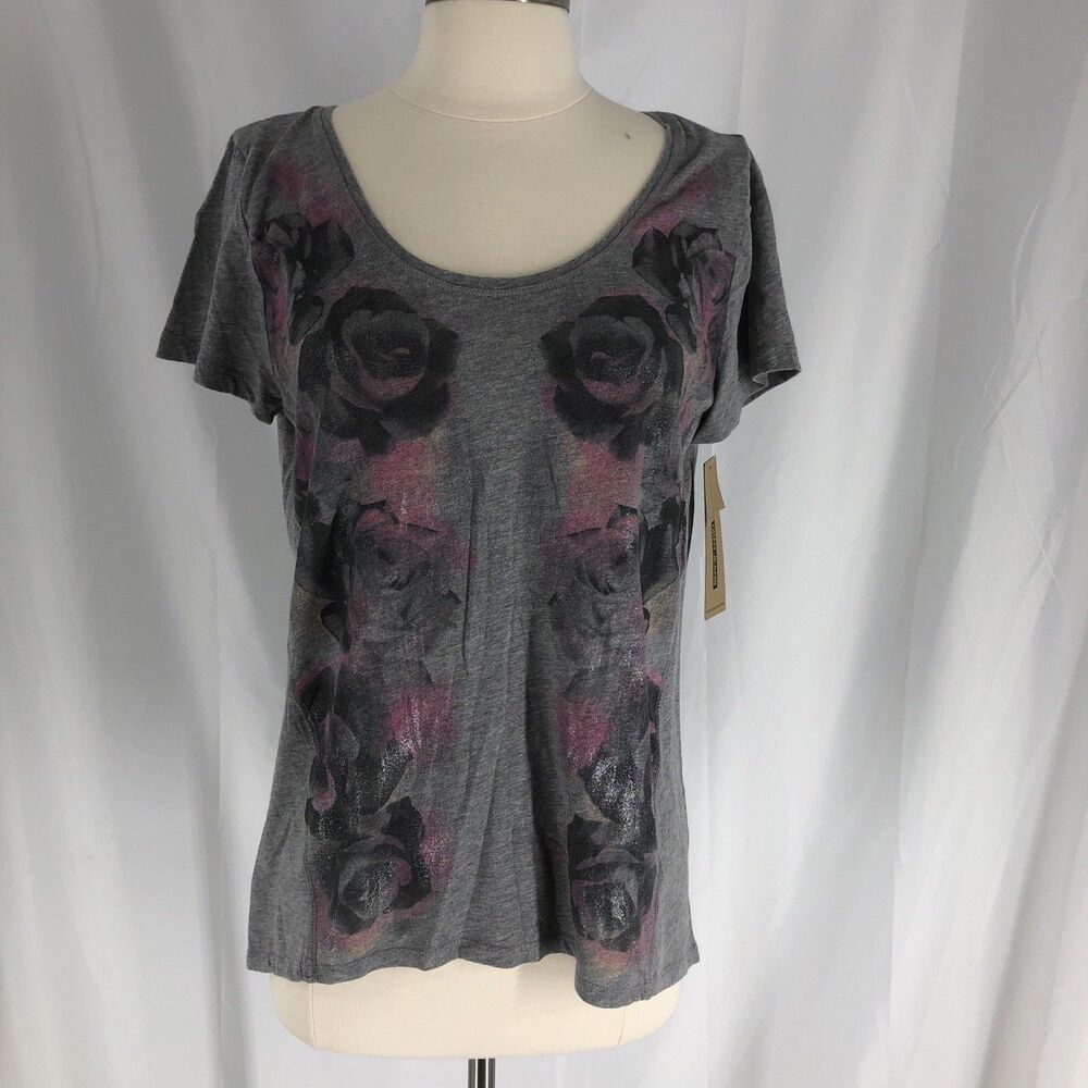 DKNY Women Charcoal Gray Short Sleeve T-Shirt M Flower Graphic
